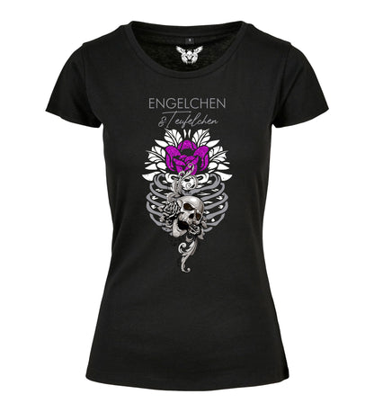 Damen T-Shirt: Engelchen & Teufelchen Skelett & Rose